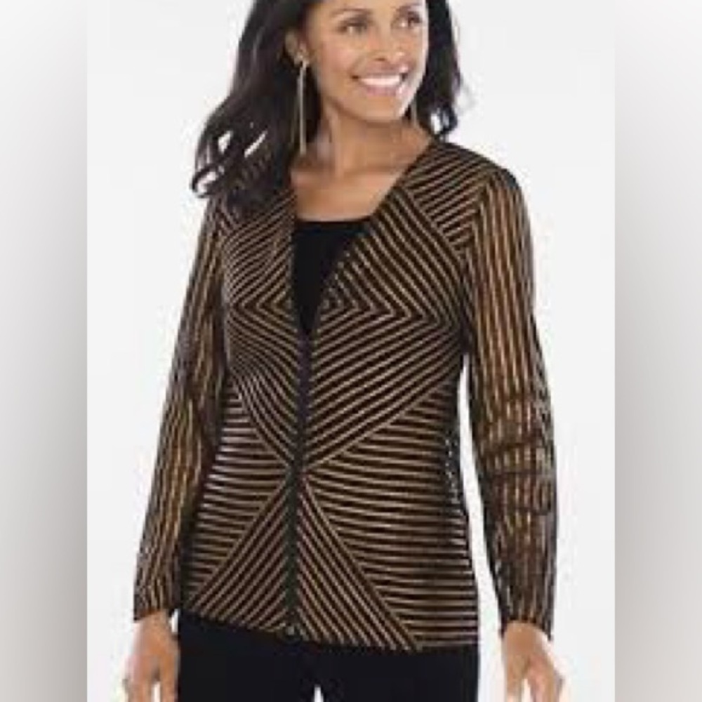 Chico’s Travelers Bronze/Black Stripe Mesh Zip Up Jacket Size 8/M